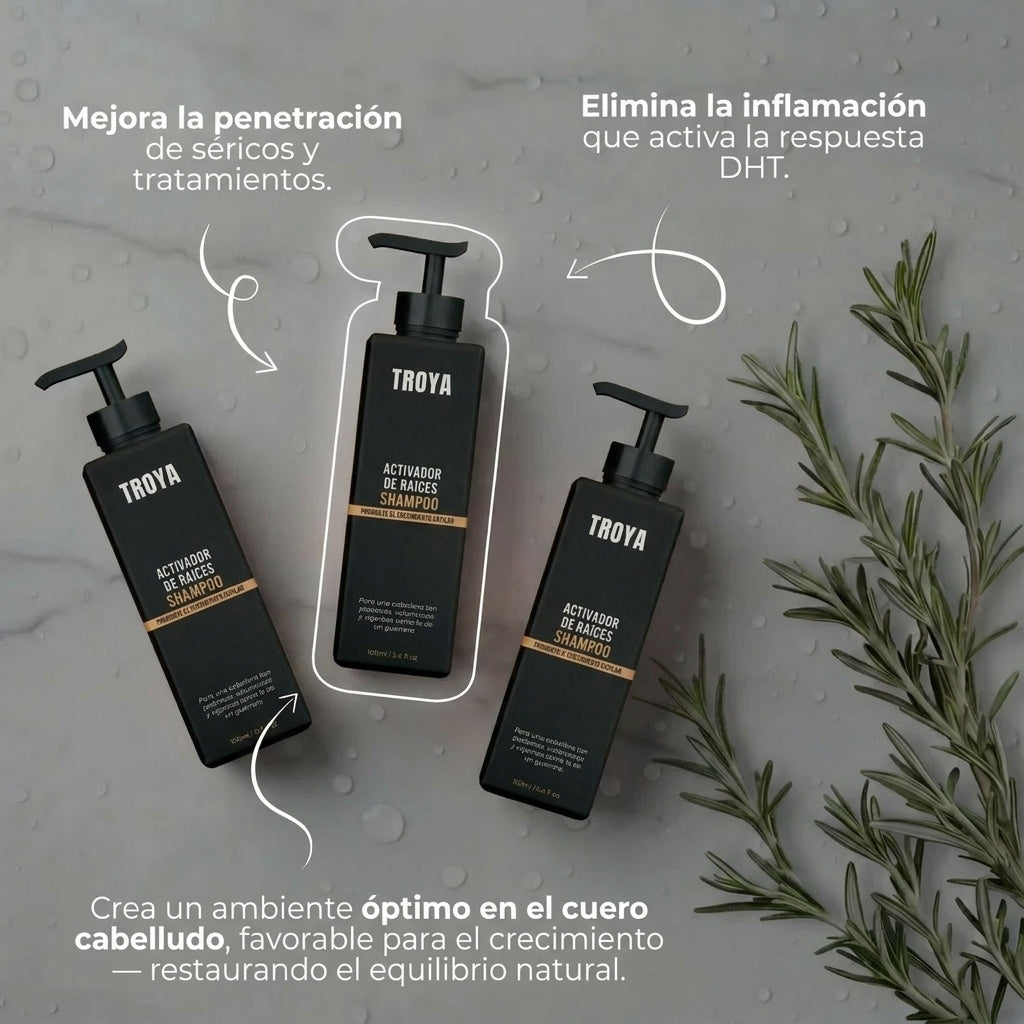 TROYA™ Activador de Raíces — Shampoo anticaída para hombres: ¡recuperá tu cabello con solo 4 lavados por semana!