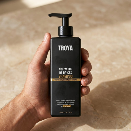 TROYA™ Activador de Raíces — Shampoo anticaída 300ml para hombres: ¡recuperá tu cabello con solo 4 lavados por semana!